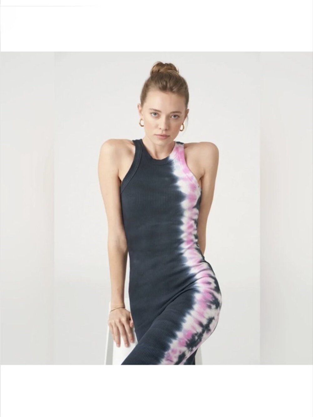 WSLY The Rivington Ribbed Tank Midi Dress S Black Anemone Pink Tie Dye Sleeveles